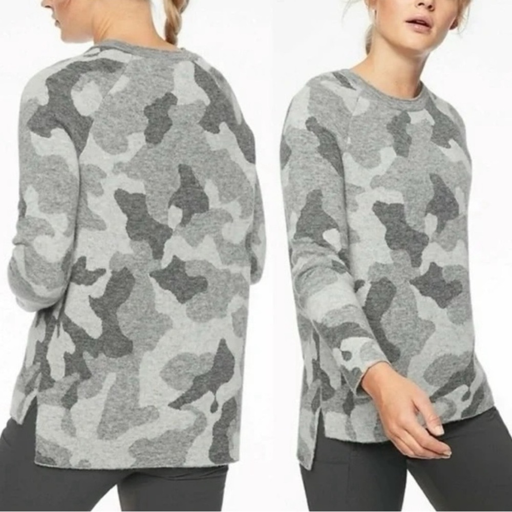 ATHLETA Undercover Sweater Gray Camo Alpaca Wool Blend Pullover Crew Size XS